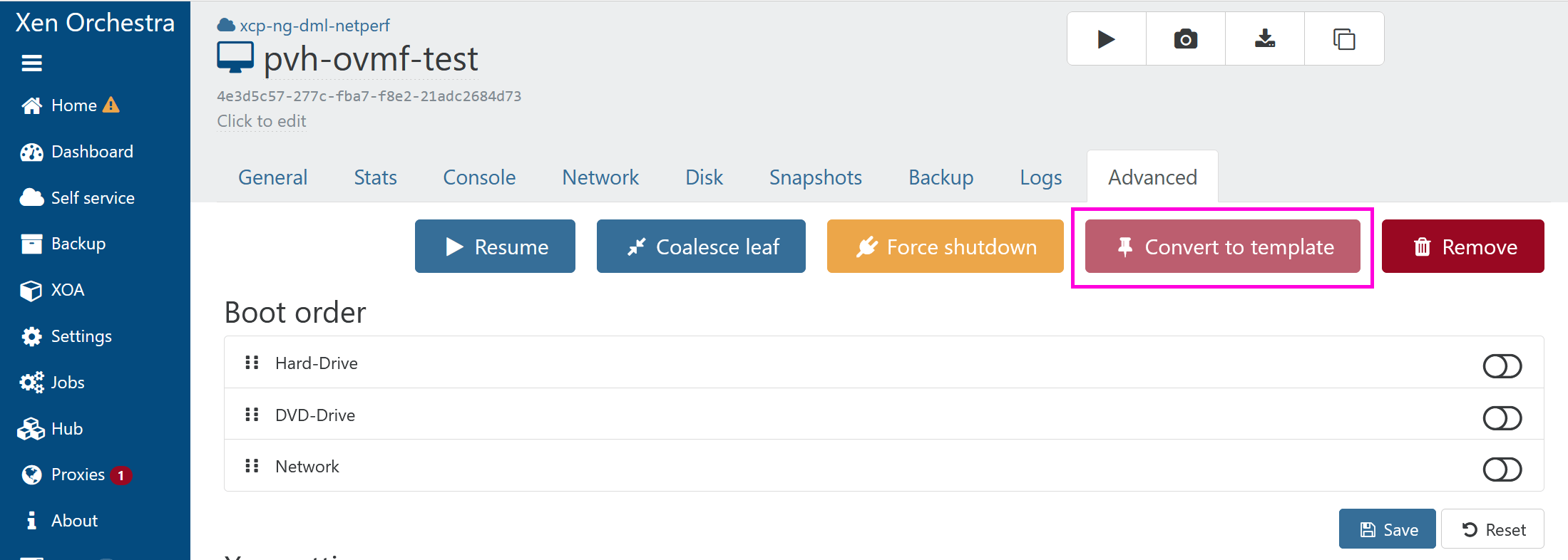 VM screen with Convert to template button
