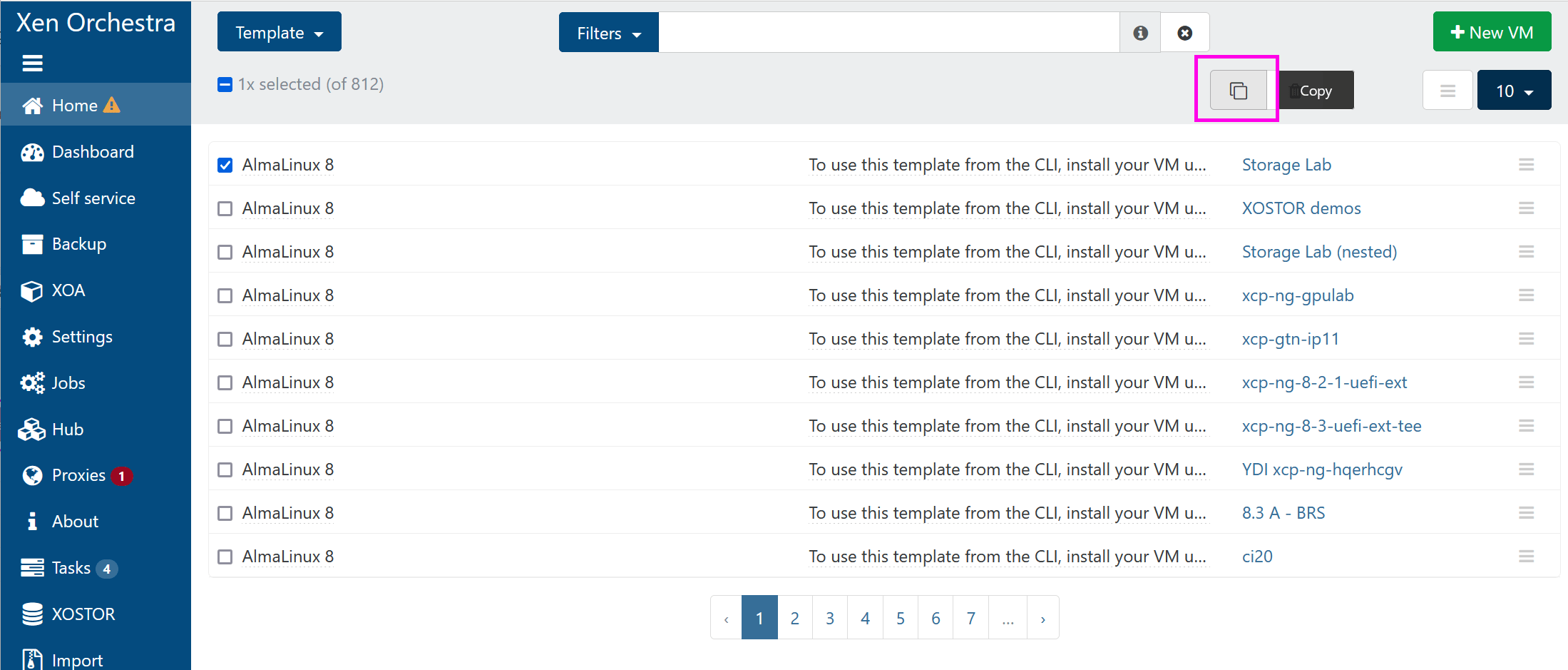 List of selected VM templates with Copy button