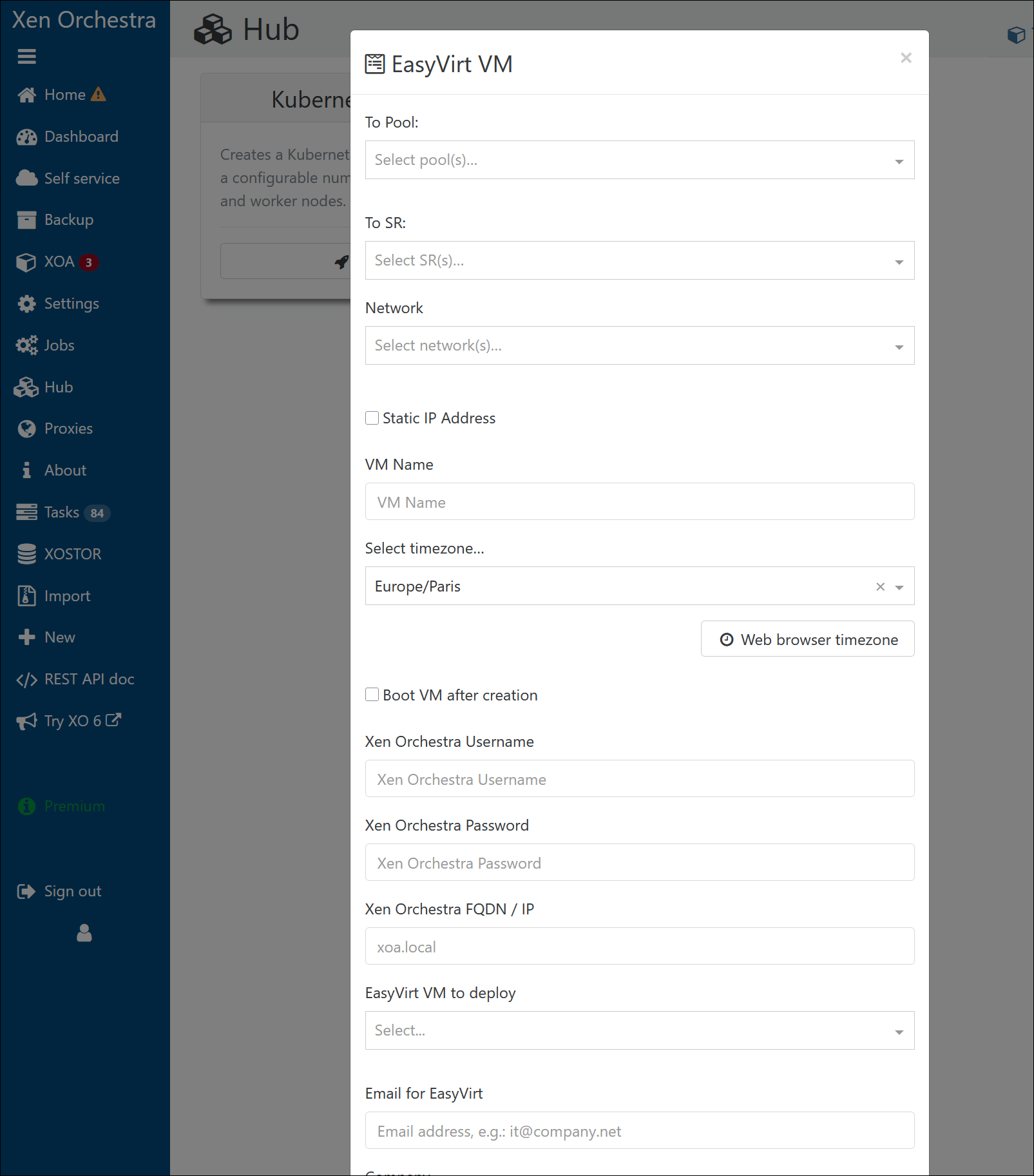 Creation form, from the EasyVirt VM recipe