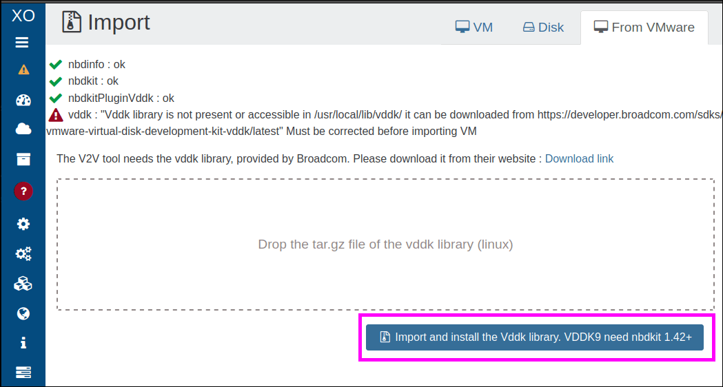 Button to confirm the installation of an uploaded VDDK archive