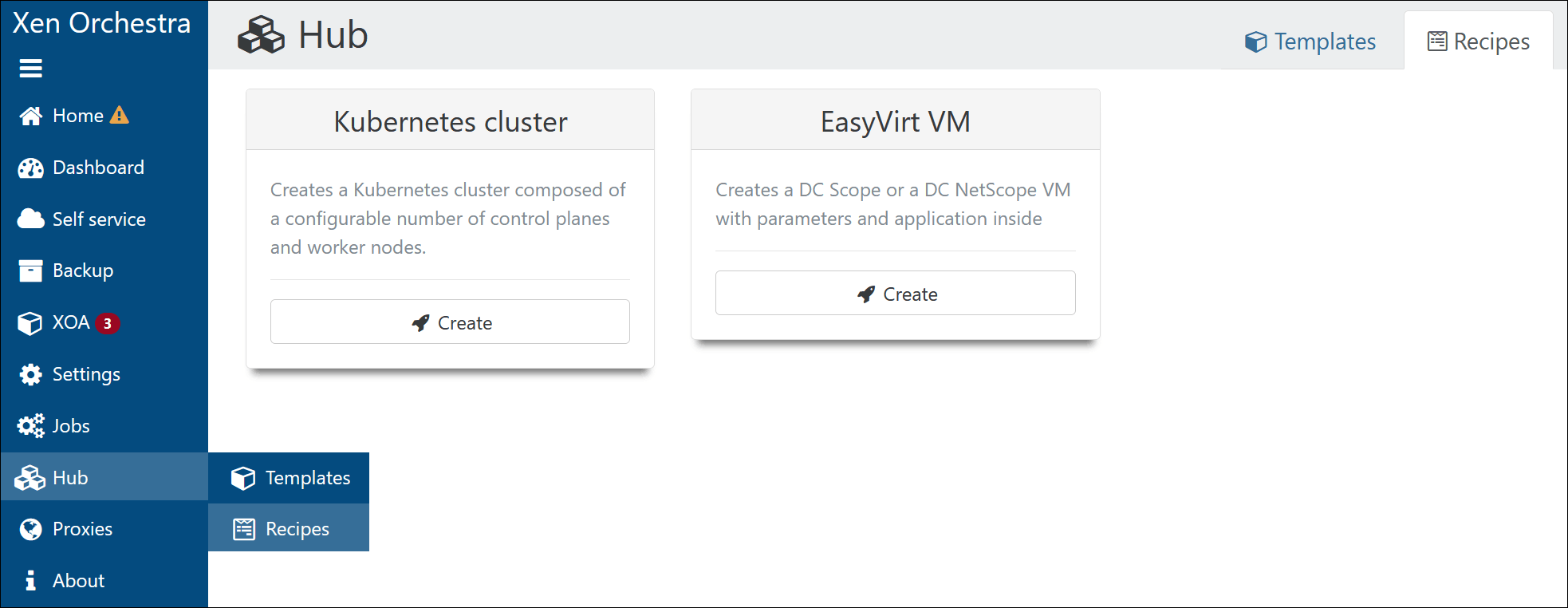List of recipes available in XO 5. Includes Kubernetes and EasyVirt solutions.