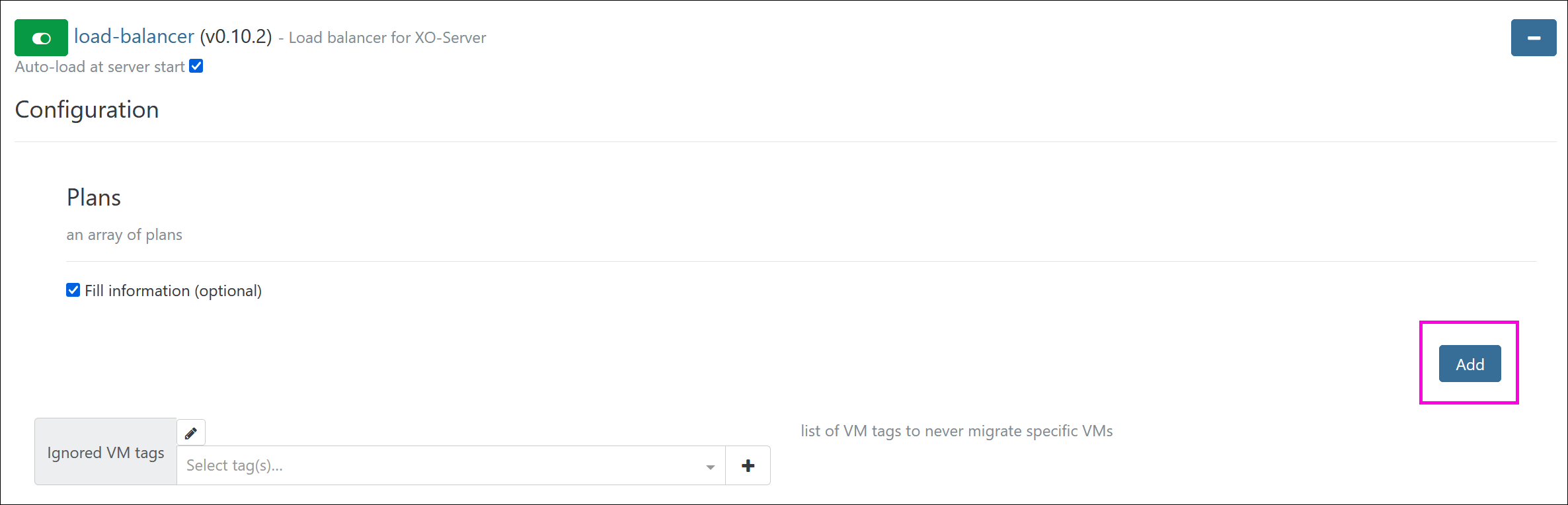 The load balancing form, with an emphasis on the checkbox and button to click in order to create a new load balancing plan