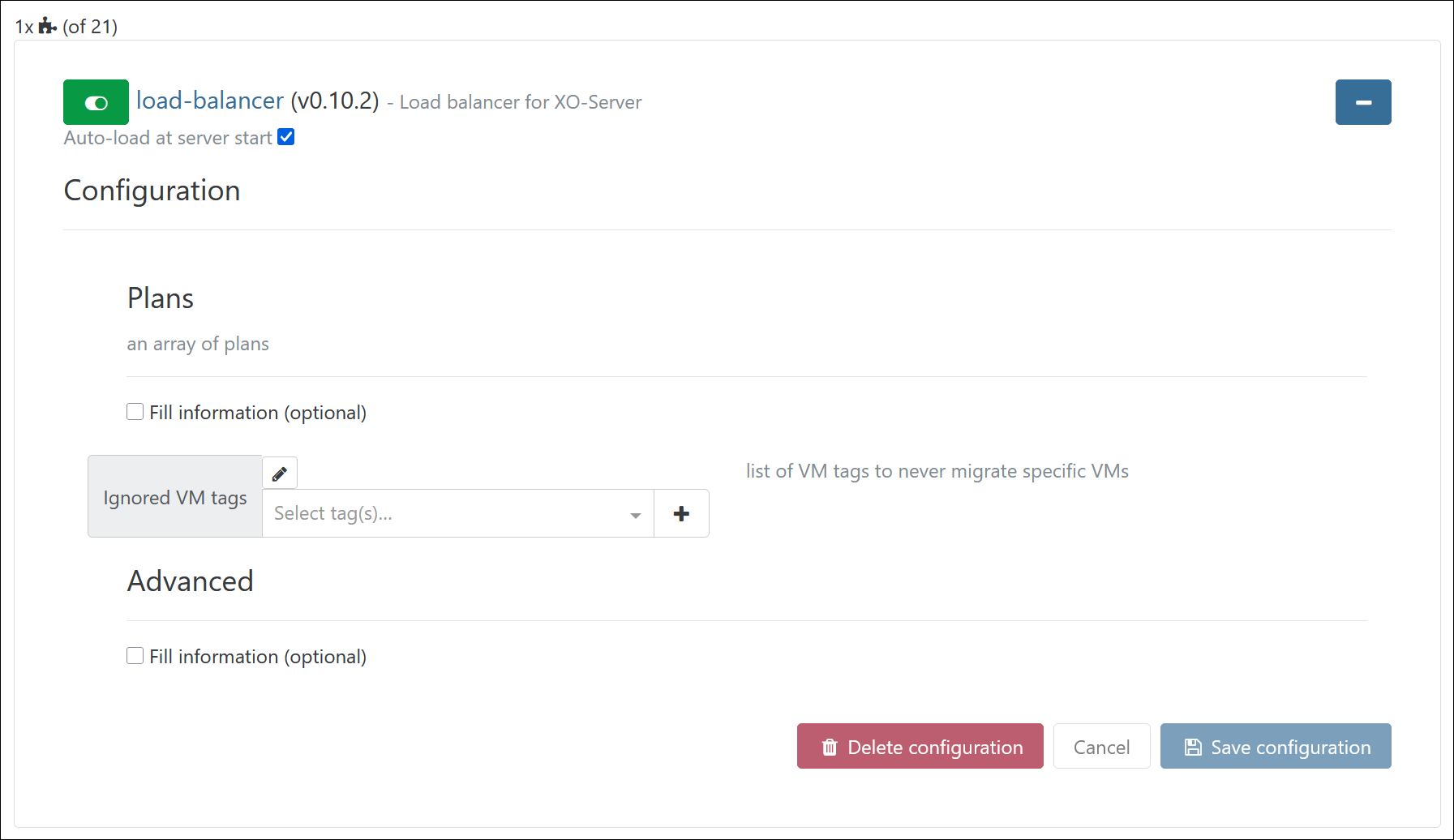The default configuration form for load balancing plans