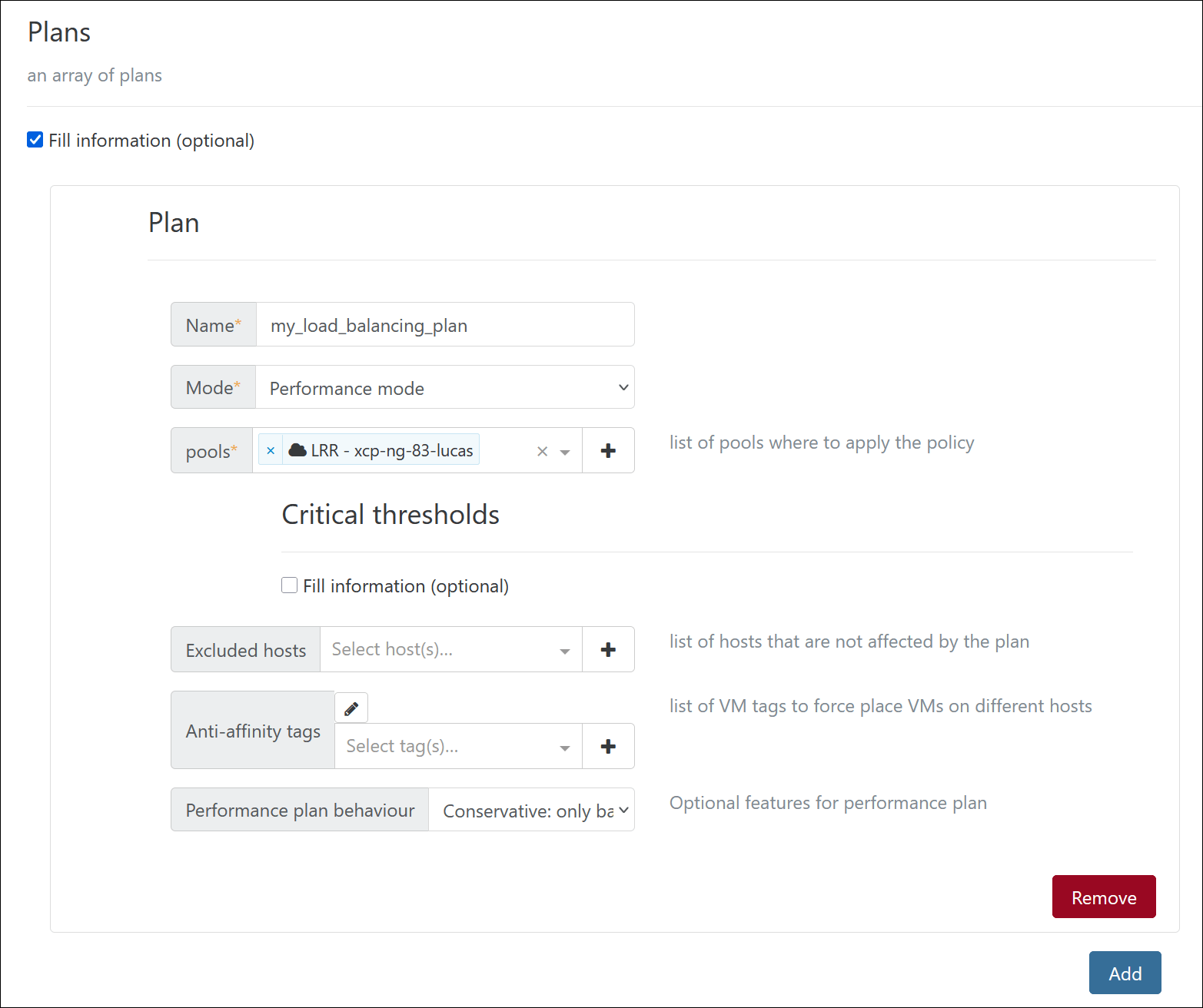 A form to set up a new load balancing plan