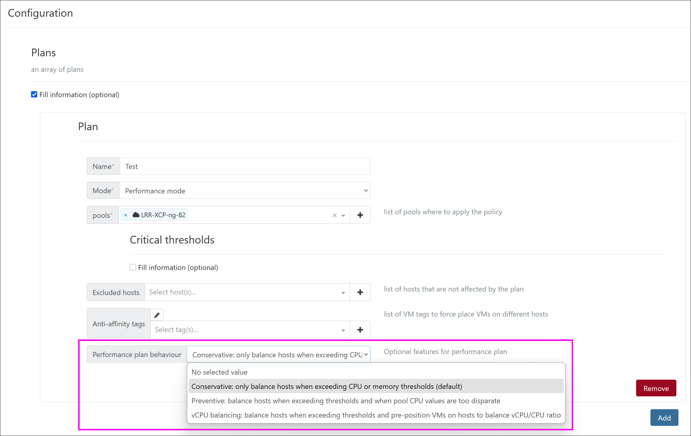 Dropdown list that shows 3 options for performance plan behavior
