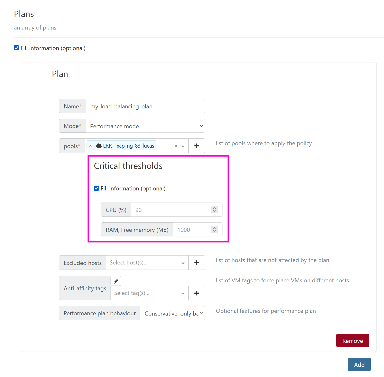A form to set up load balancing performance thresholds