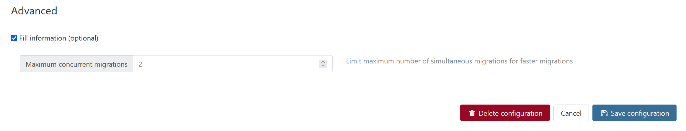 The Maximum concurrent migrations option from the Advanced settings form