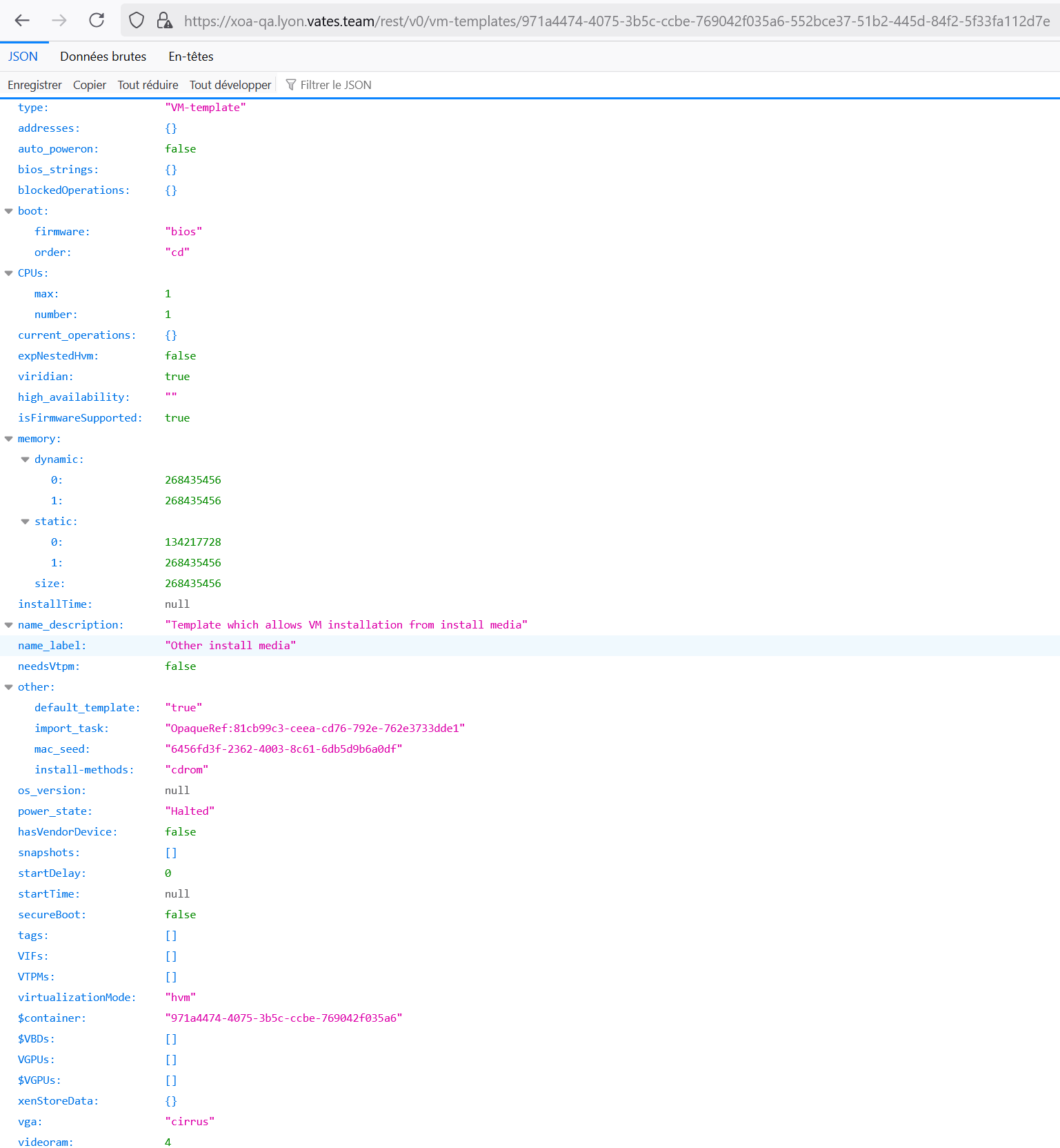 VM template details, accessed from the REST API