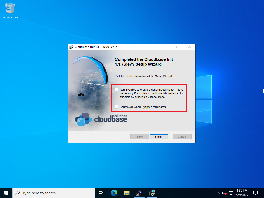 Cloudbase-init is installed, don't sysprep yet