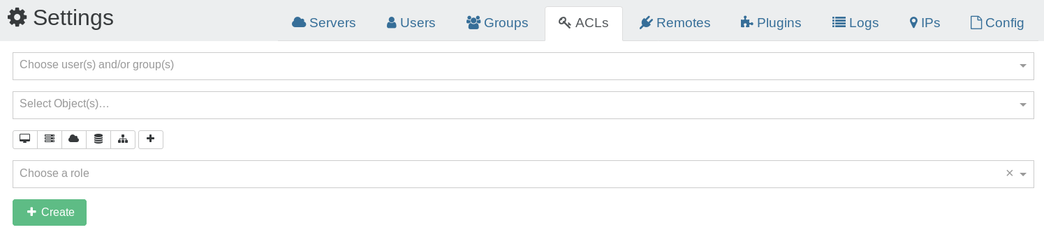 The ACL creation form: subject, object and role selectors followed by the Create button