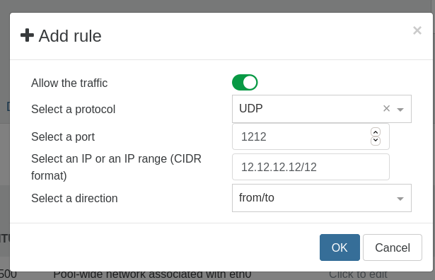 The Add rule form: allow or deny, protocol, port, IP range, direction
