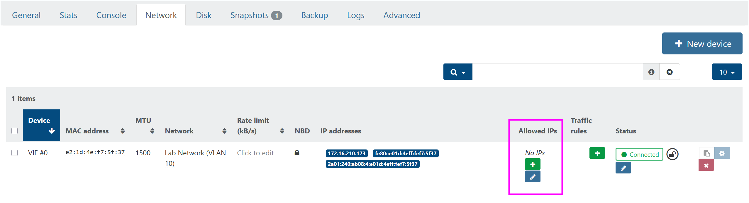 The allowed IPs column in the VM Network tab
