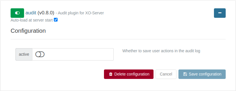 The audit plugin configuration, with the active toggle enabled