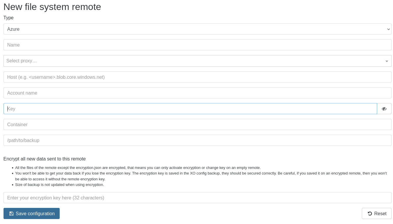 New file system remote form with the Azure type selected: host, account name, key, container and path