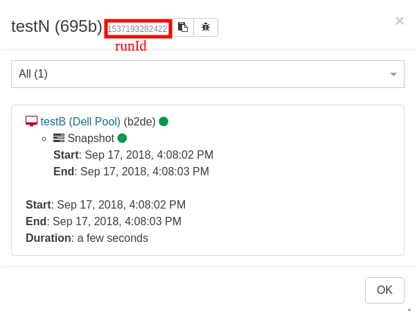 Detailed log of a backup run: the runId is displayed next to the job name, with the copy and report-a-bug buttons