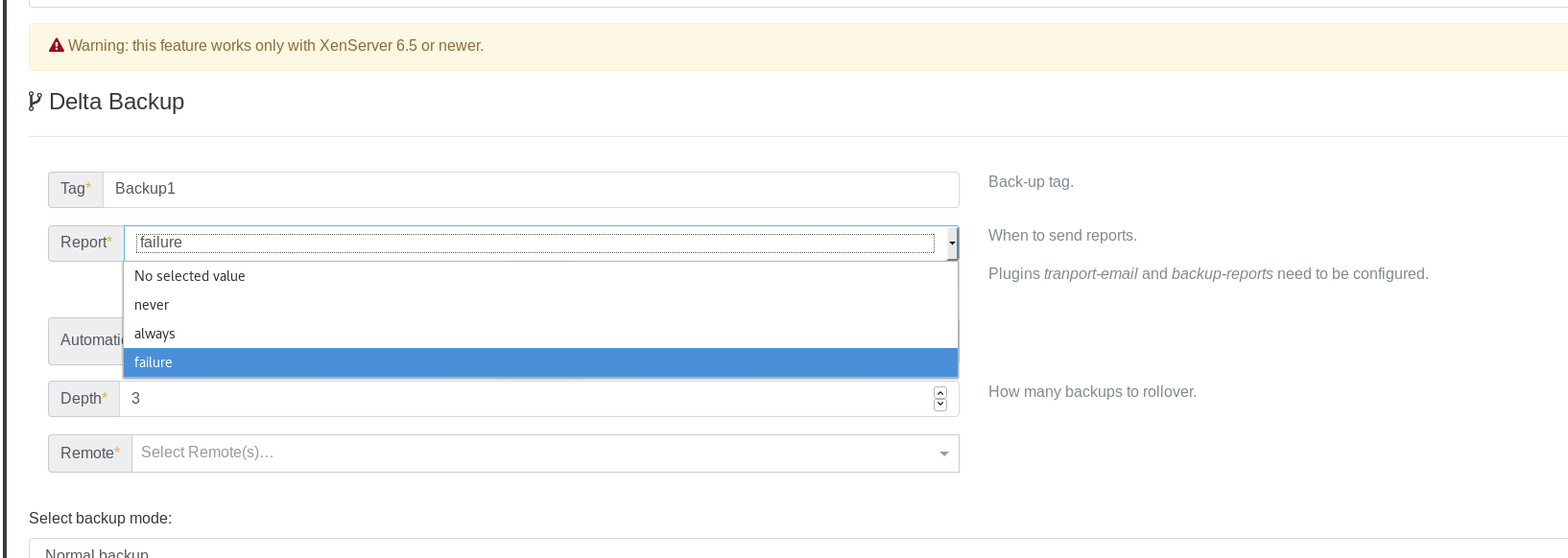 The Report selector of a backup job, set to send a report on skipped and failed runs