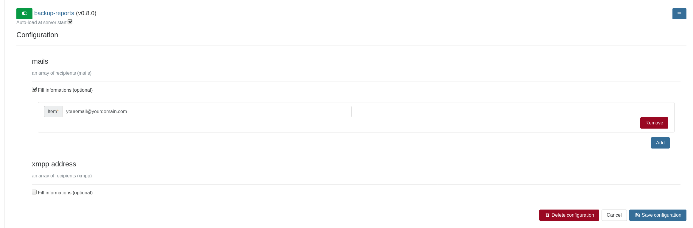 The backup-reports plugin in Settings, Plugins, with its list of email recipients