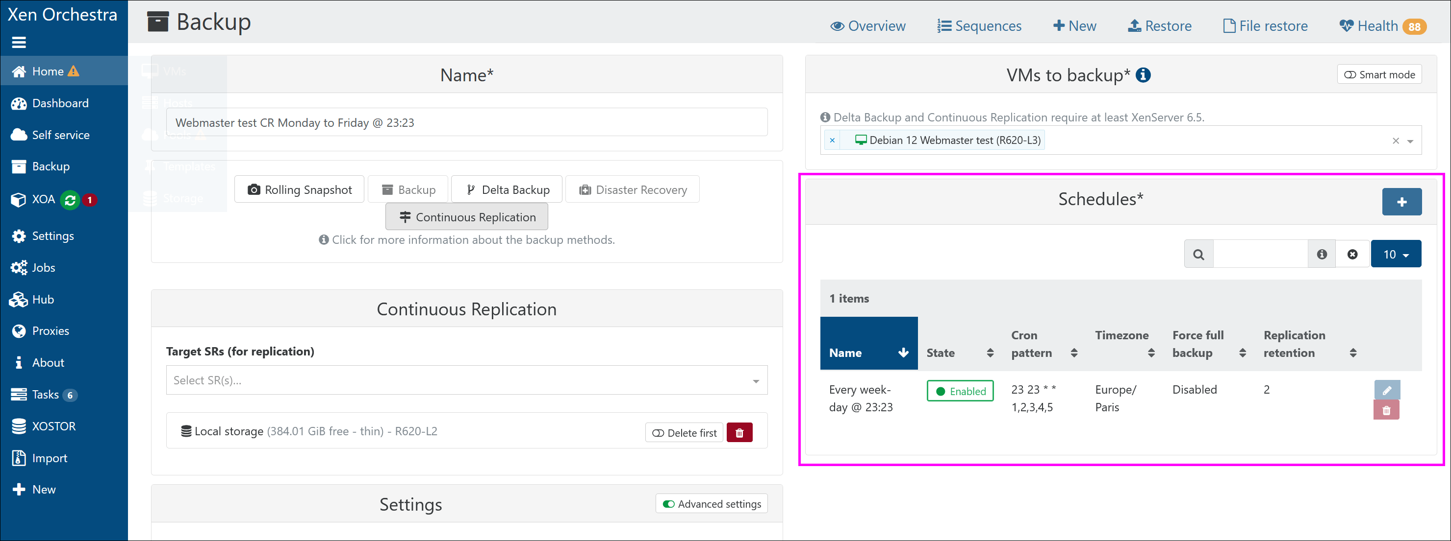 An incremental replication job in edit mode, with the Schedules section highlighted on the right