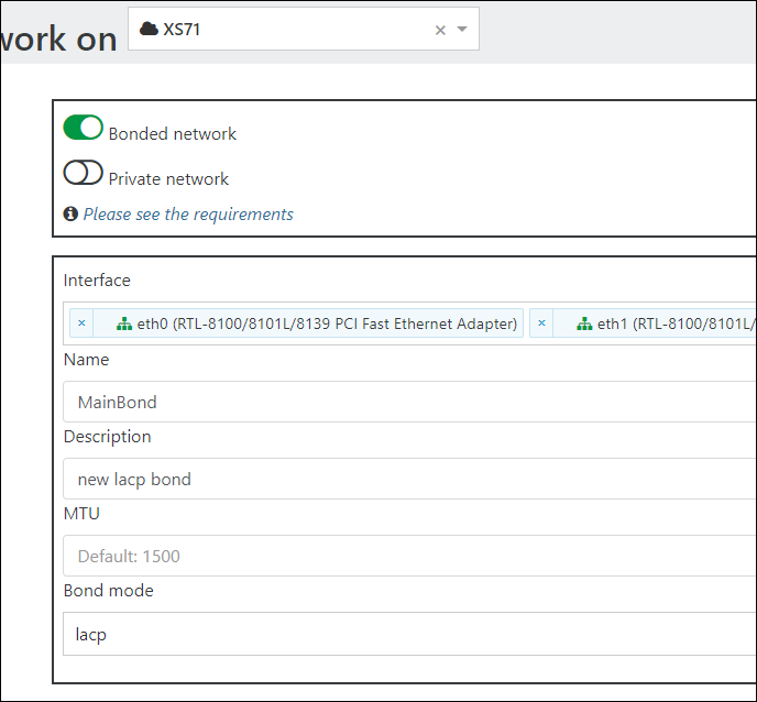 Create a bonded network from the pool Network tab
