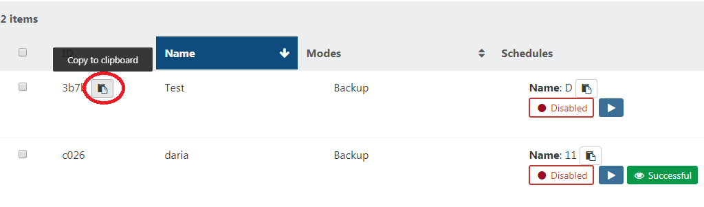 Copy the backup job ID from the main Backup page