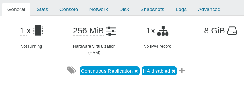 An incremental replication replica: the VM carries the Continuous Replication and HA disabled tags