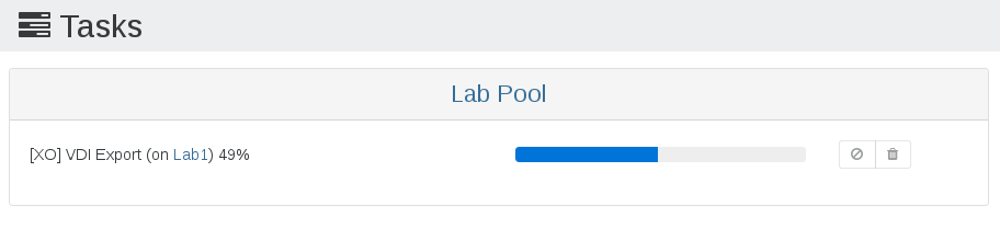 The Tasks view during a backup run, showing a VDI export task at 49% with its progress bar