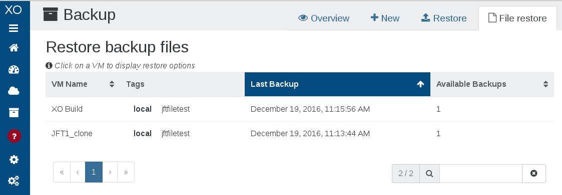 The File restore tab lists the VMs with available backups and their last backup date