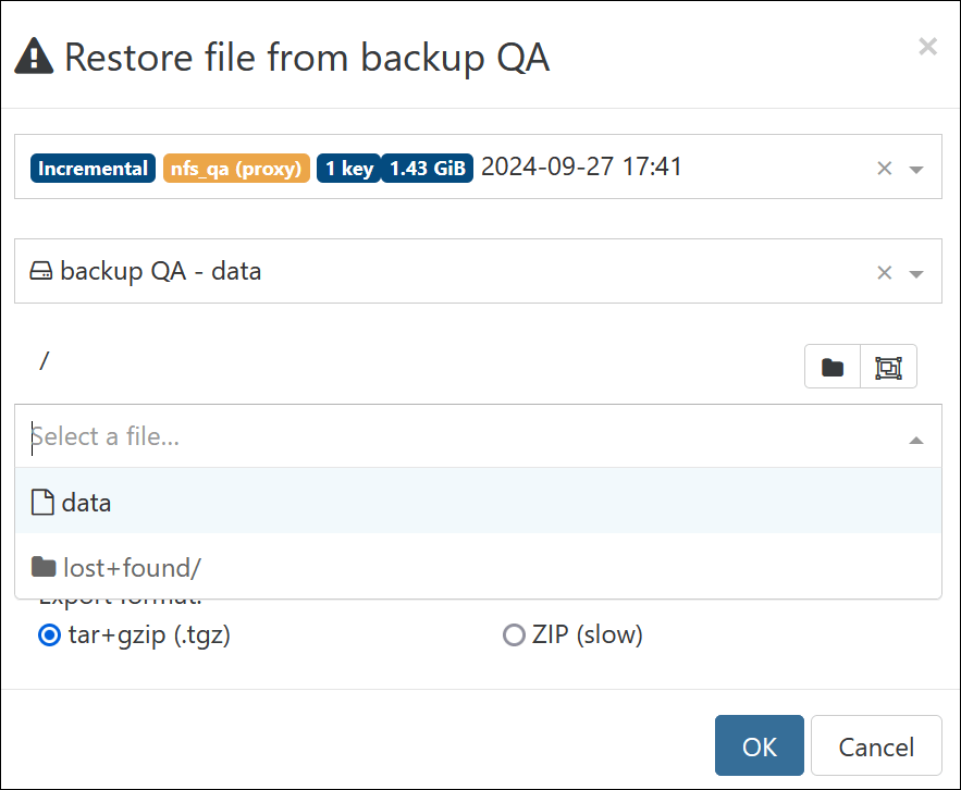 The Restore file modal: pick a backup, a disk, browse to the file, then choose the export format (tar+gzip or ZIP)
