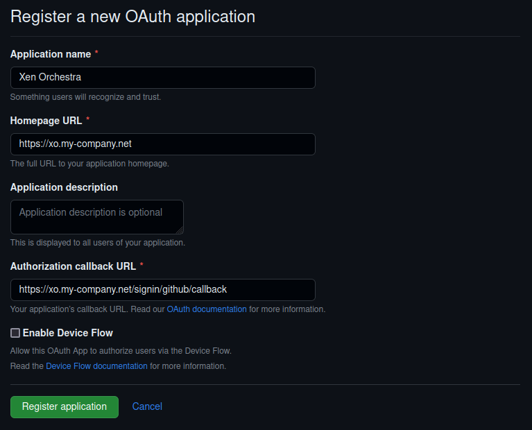 The GitHub OAuth App registration form, with the XO homepage and callback URLs filled in