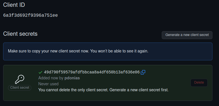 The auth-github plugin configuration, with the Client ID and Client secret fields