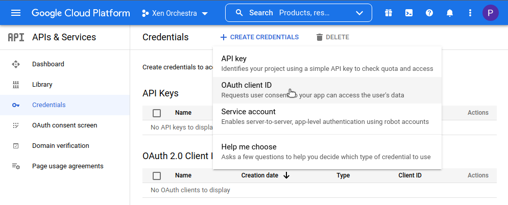 The Create credentials menu, with OAuth client ID selected