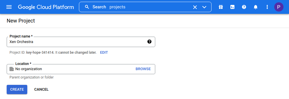 Creating a new project in the Google developer console