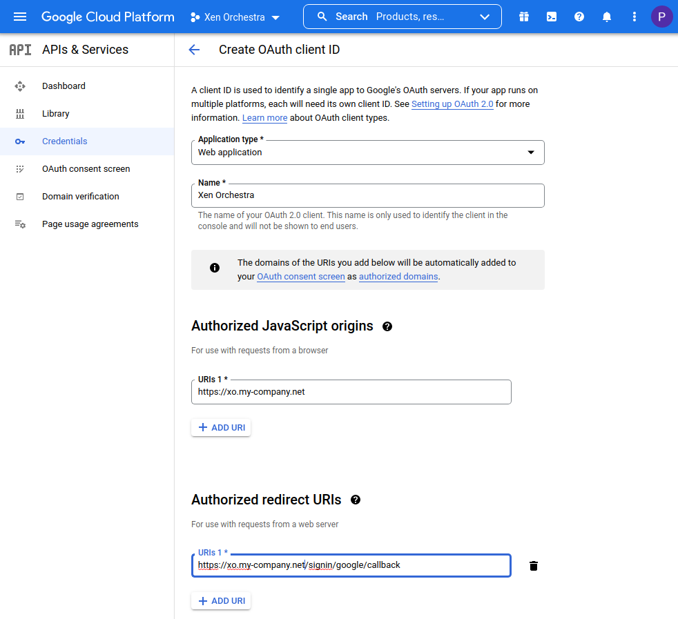 The OAuth client creation form, with the authorized redirect URI pointing to the XO callback