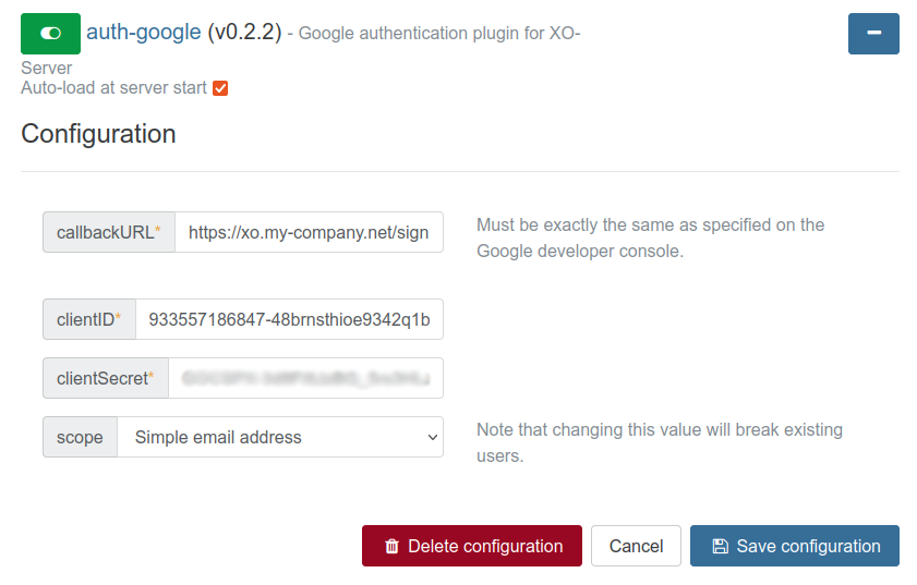 The auth-google plugin configuration: callback URL, client ID and client secret