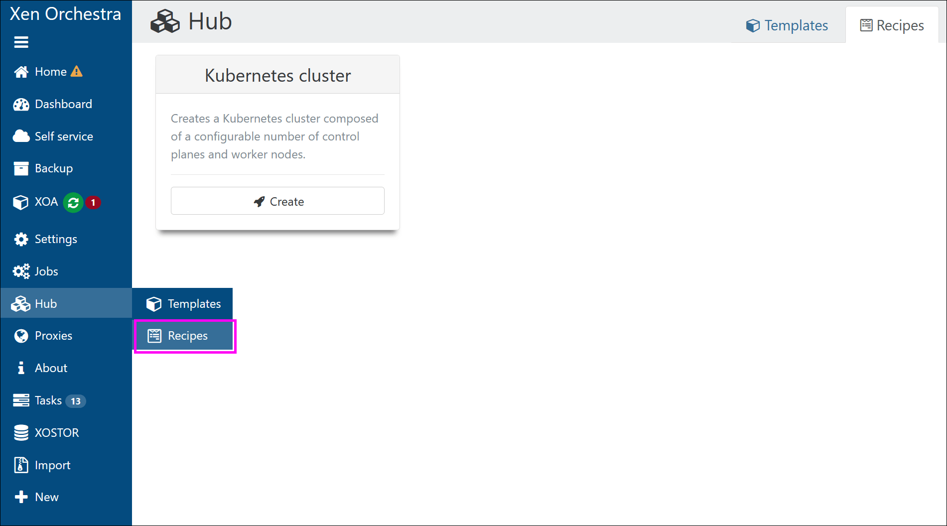 The Recipes view of the Hub, with the Kubernetes cluster recipe