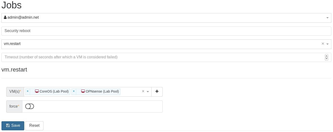 Create a job: pick the action and the target VMs