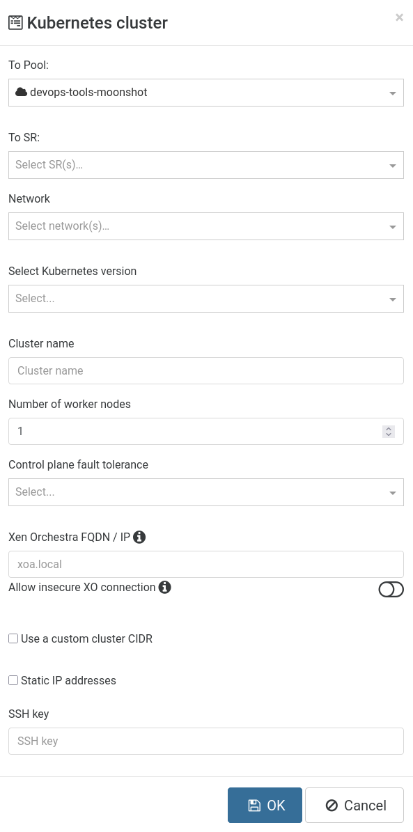The Kubernetes cluster creation form