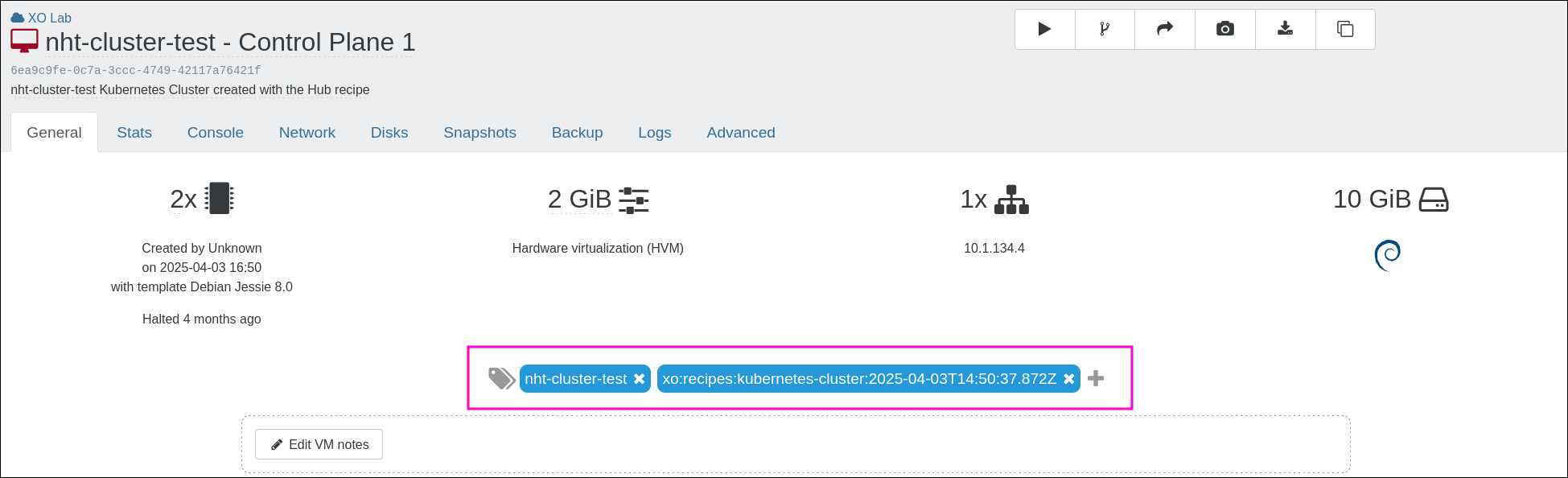 The cluster VMs, tagged with the cluster name