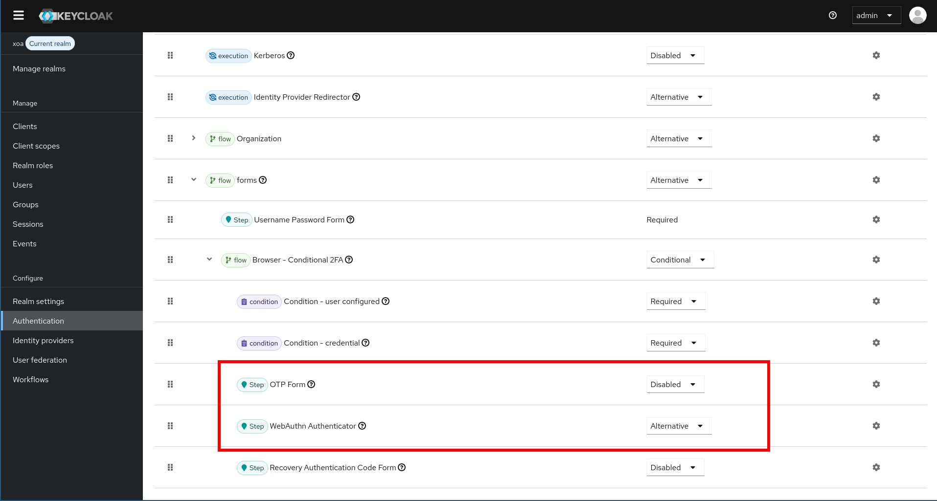 The Keycloak browser flow details, with the WebAuthn Authenticator step added as an alternative