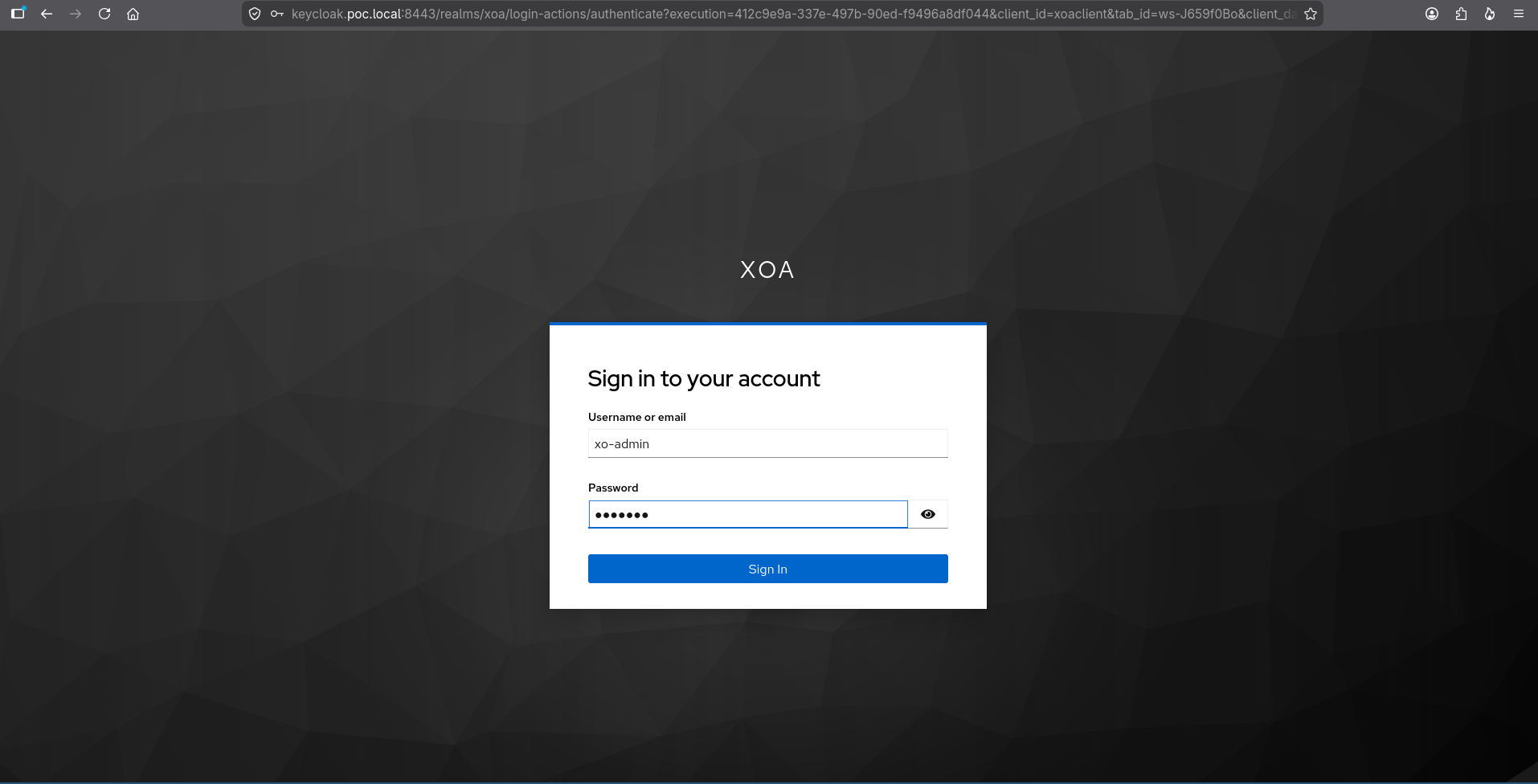 The Keycloak login screen asking for username and password