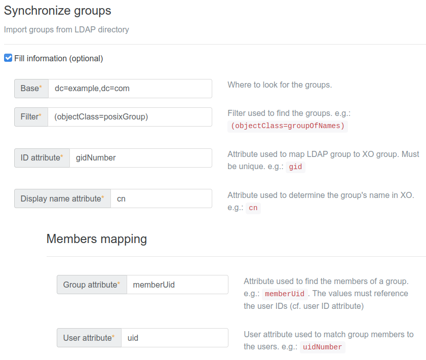 The Synchronize groups section of the auth-ldap plugin, with base, filter, ID and display name attributes