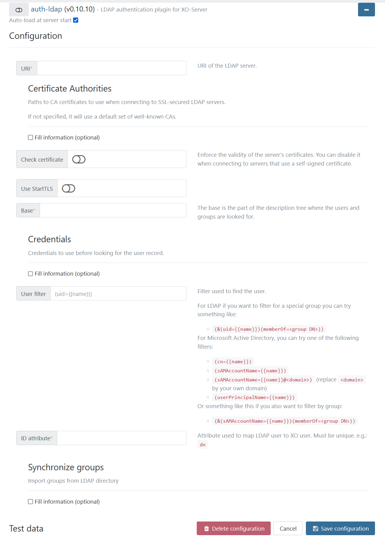 The auth-ldap plugin settings: URI, certificates, base, credentials, user filter and ID attribute