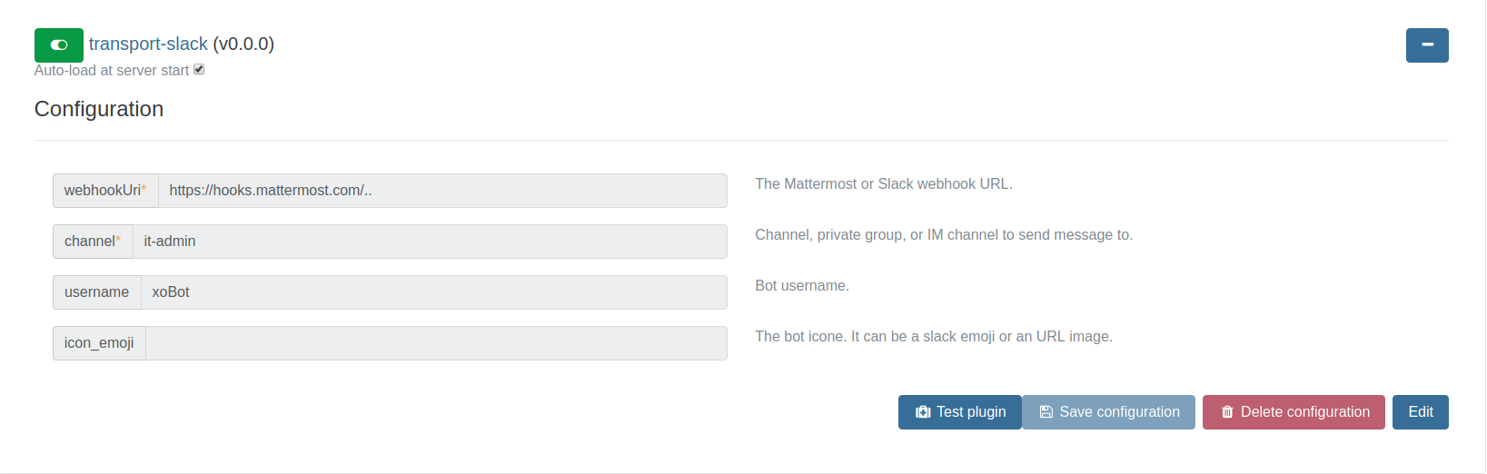 The transport-slack plugin configuration filled with a Mattermost webhook URL