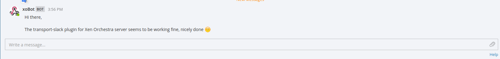 The test message posted by the Xen Orchestra bot in a Mattermost channel