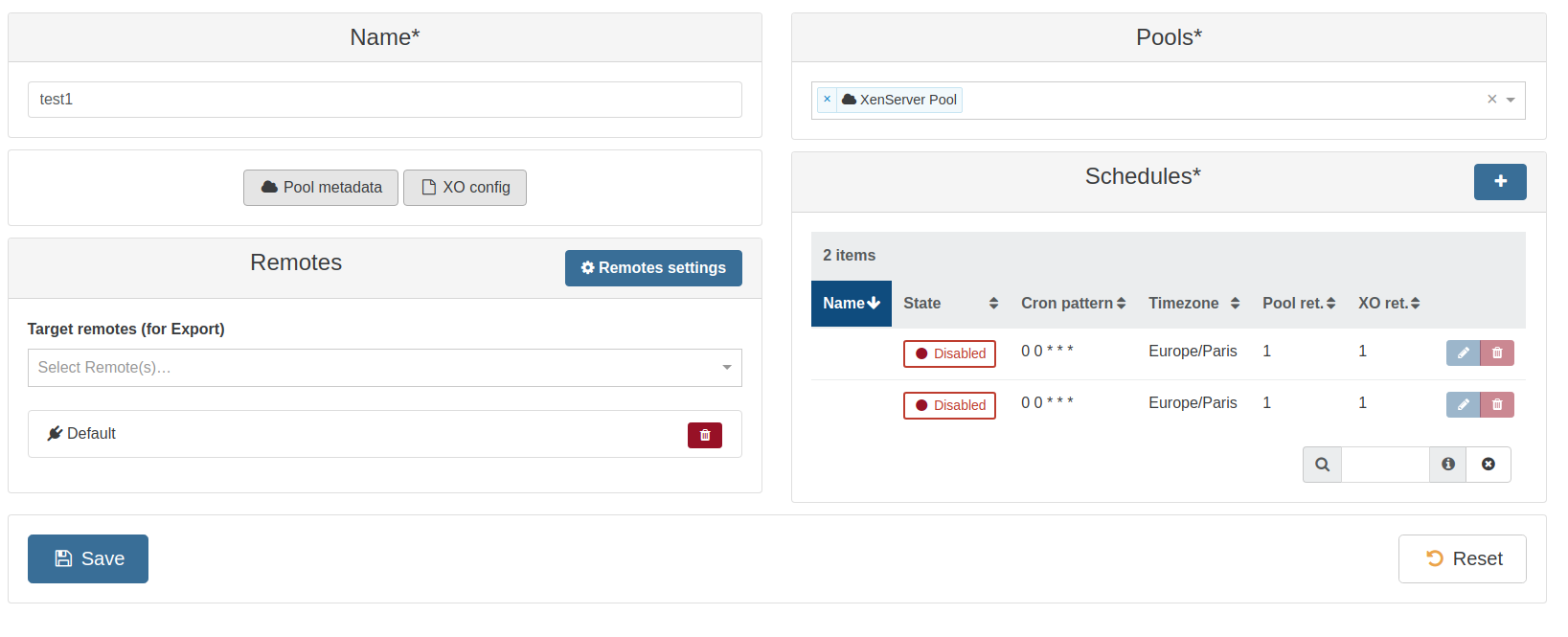 Metadata backup job form with Pool metadata and XO config toggles, target remotes, pools and schedules