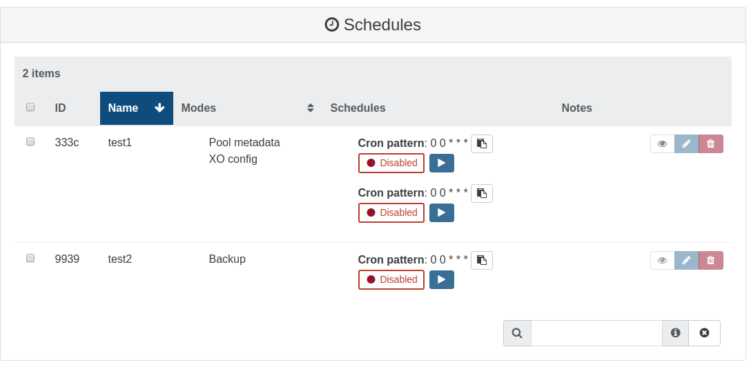 Schedules list showing a metadata job with Pool metadata and XO config modes next to a regular backup job