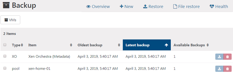 Restore view filtered on metadata, listing a Xen Orchestra config backup and a pool metadata backup