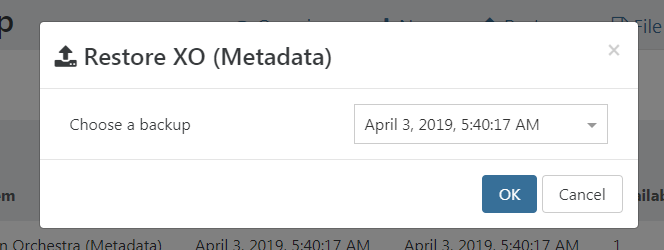 Restore XO metadata modal with a backup date selector