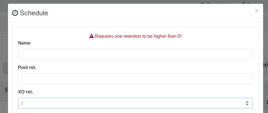 Schedule modal with name, pool retention and XO retention fields