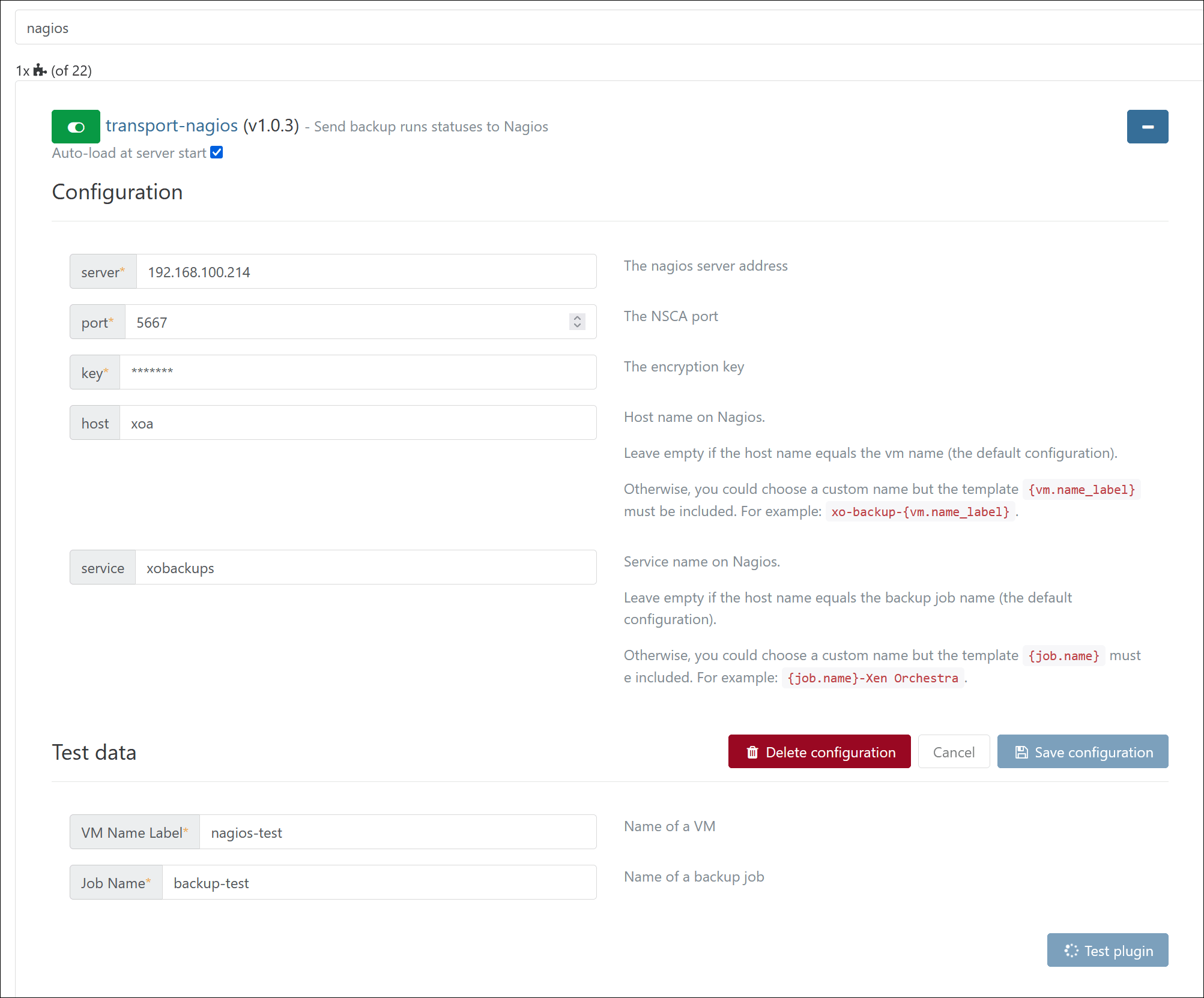 The transport-nagios configuration form with the server address, NSCA port, encryption key, and the host and service name patterns